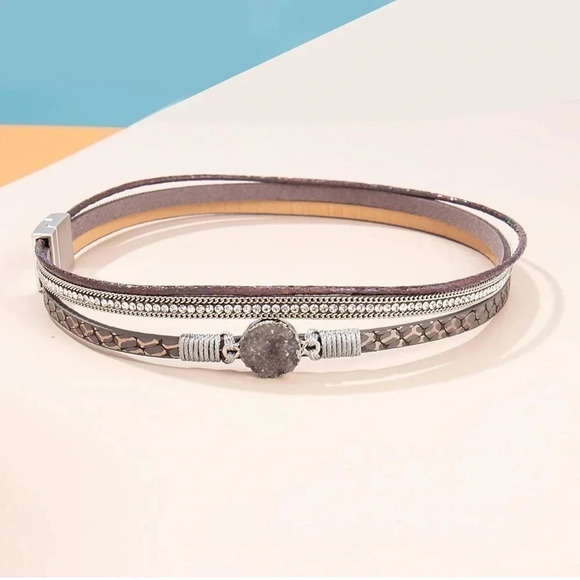 Bohemian Gray Faux Leather Layered Wrap Bracelet - Picture 3 of 6